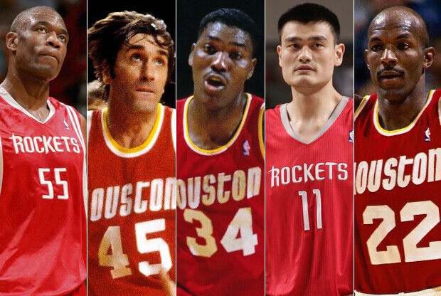 Dikembe Mutombo, Rudy Tomjanovich, Hakeem Olajuwon, Yao Ming y Clyde Drexler./ Getty Images